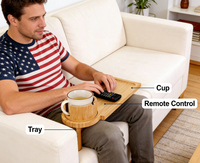 Support de tasse pliable en bambou avec finition laquée écologique, fente pour télécommande, plateau gain de place pour boissons et collations, idéal pour le salon