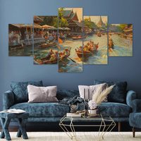 Décor de marché flottant traditionnel thaïlandais personnalisé peinture Art encadré multi panneau imprime peinture vibrante décoration murale culturelle thaïlandaise