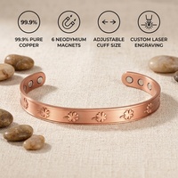 Bracelet jonc ouvert ajustable unisexe en cuivre rouge 99% gravé de motifs floraux rétro, en forme de cœur, avec aimants pour la santé, à porter au quotidien