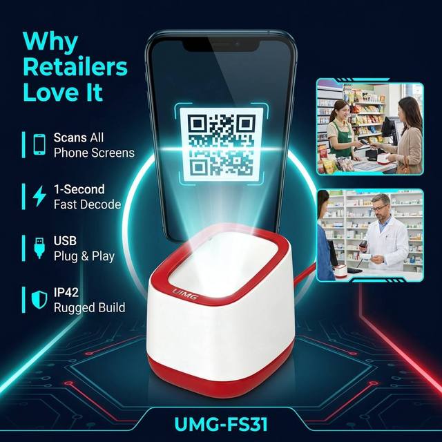Cost-Effective Plug& Play Desktop 2D QR Code Barcode Scanner Auto-Sensing USB Wired Reader for Retail POS Mobile Payment