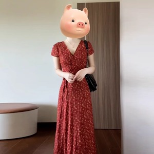 French Retro Red Floral Dress Women Summer V <b>Neck</b> <b>Tie</b> Waist Slim Fit Long Skirt Casual Daily Wear - Product Image 3