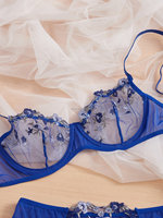 Ensemble de lingerie sexy bleu brodé en maille avec soutien-gorge à armatures et culotte pour femme