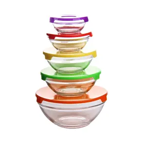 Wholesales conjunto de tigela de salada clássica, 5 peças de tigela de vidro transparente com tampa de cor, conjunto de tigelas de vidro personalizado para saladas, frutas