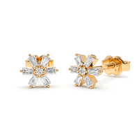 Boucles d'oreilles Milskye Classic Beautiful Fine Jewelry en argent 925 et or 14 carats, mini fleurs, baguette, zircon, pour femmes