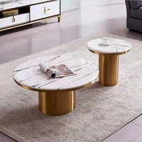Vente en gros ensemble 2 tables basses rondes modernes avec plateau en marbre de luxe table centrale de salon en acier inoxydable doré avec table d'appoint