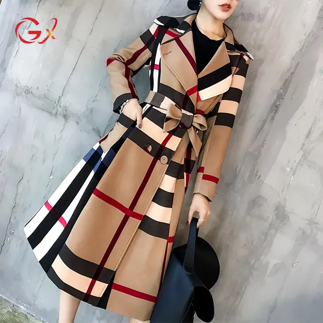 GX452 Autumn Winter Good Quality Women's Polo Neck Color Patchwork Retro Plus Size Ladies Long Coat Elegant Women's Jacket