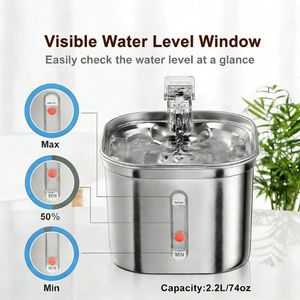 Distributore d'<span class=keywords><strong>Acqua</strong></span> Automatico per Cani e Gatti da 2,2L con Flusso Continuo, Fontanella in Acciaio Inox per Animali Domestici e Uccelli, Flusso Regolabile - Product Image 2