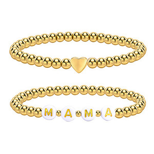 18K Gold Stainless Steel Bead Heart Charm Acrylic MAMA Flat Bead Two-Piece Bracelet <b>Set</b> Trendy Women Fashion Gift - Product Image 1
