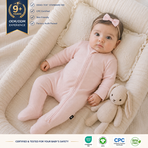 Combinaison bébé côtelée bio certifiée GOTS, douce, respirante, à fermeture éclair, manches longues, rose uni, conforme CPC, OEM ODM - Product Image 3