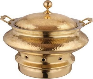 Recipiente para calentar comida estilo vintage, de latón, con tapa y asas, para exhibiciones tipo buffet, circular, color dorado, calentamiento con alcohol, control manual - Product Image 1