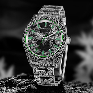 Super High Quality 40mm Stainless Steel Explorers Wristwatch Clear Hands Engraved Hemp Leaves Luxury Mechanical Design ETA NH35 - Product Image 4