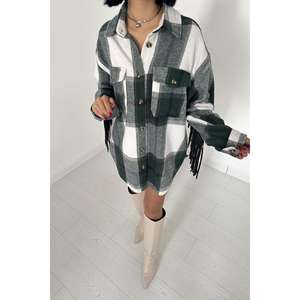 Chemise à carreaux vertes à franges au dos pour femme, en flanelle, décontractée, boutonnée, pour tous les jours - Product Image 2