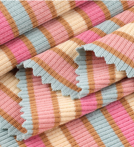 Tejido de punto de poliéster, rayón y elastano teñido en hilo con ribete de canalé para ropa, venta al por mayor - Product Image 5