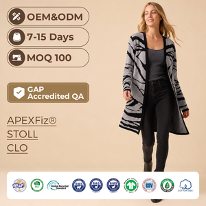 <span class=keywords><strong>Cardigan</strong></span> Lungo da Donna con Motivo <span class=keywords><strong>Zebrato</strong></span>, Lavorazione Jacquard, Apertura Frontale, Nero Grigio Mélange, Maglione Invernale Personalizzato OEM - Product Image 1