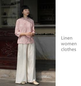 Camisa de lino sostenible para mujer, ropa de lino, Top <span class=keywords><strong>Cheongsam</strong></span>, blusas con cuello Mandarín de estilo chino, camisa de lino de Color sólido - Product Image 3