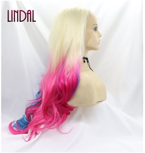 <span class=keywords><strong>Peluca</strong></span> Sintética LINDAL de Fibra de Alta Temperatura, Colores Mezclados de Rosa a Azul, Estilo <span class=keywords><strong>Harley</strong></span> <span class=keywords><strong>Quinn</strong></span>, Ondas Naturales, Todos los Colores, con Frente de Encaje - Product Image 2