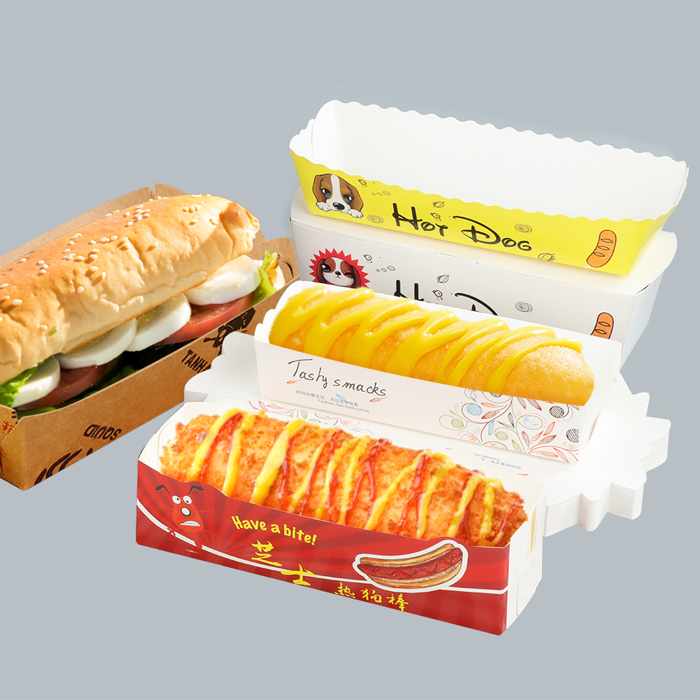 Custom Brown Kraft White Cardboard Hotdog Sandwich Food Hot Dog Packaging Paper Box Hot Dog Paper Tray