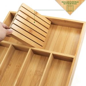 Organizador de cubiertos de bambú para cocina, bandeja de bambú para cubiertos con bloque de cuchillos extraíble - Product Image 2