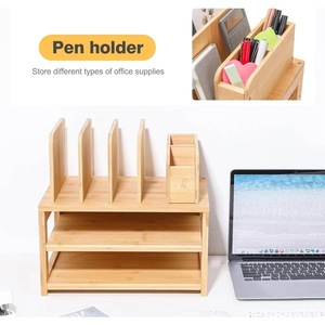 Bamboo office desk <b>storage</b> box with <b>file</b> holder and adjustable pen holder - Product Image 4