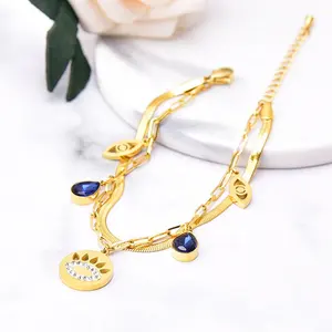 Fashionable double layered 18k gold plated evil eye water drop shiny blue rhinestone stainless steel bracelets bangles for women