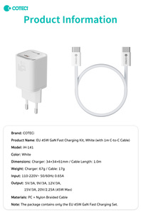 Cargador USB-C Multiprotocolo COTECi PD QC, Cable C a C de 1m, Blanco, GaN 45W, Cargador Rápido para Teléfono con Enchufe Europeo para iPhone 17 Air Pro Max - Product Image 6