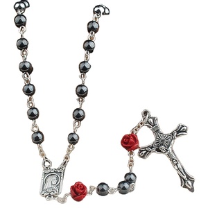 Perles rondes <span class=keywords><strong>en</strong></span> hématite de 6mm avec perles de rose de corail de 8mm Chapelet catholique avec sac <span class=keywords><strong>en</strong></span> velours - Product Image 6
