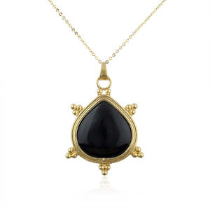 Collier chaîne plaqué or pour femme, pendentif en onyx noir cabochon en forme de cœur, bijoux bohèmes, collier statement - Product Image 1