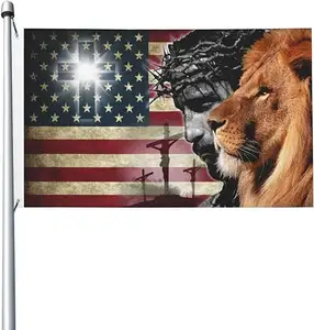 Best selling 3x5 Ft 100D polyester Jesus Cross Lion American Flag Flag Outdoor God Bless America Flag Christian Banner