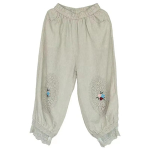 Cotton Linen Lantern Pants Beige Embroidered <b>Lace</b> Trim Loose Fit <b>Elastic</b> Waist Casual Harem Pants Cropped Women's Pants - Product Image 5