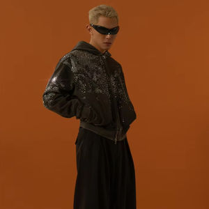 Sudadera con Capucha para Hombre de Alta Calidad, Personalizable, 500 Gsm, Algodón Grueso, Diseño Cuadrado Desgastado con Logotipo de Pedrería, Cierre de Cremallera - Product Image 1