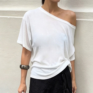 Street Hot Girl Basic Solid Color Off Shoulder Loose Fit Casual Short Sleeve Tee Summer Sheer Lightweight Flattering Top - Product Image 3