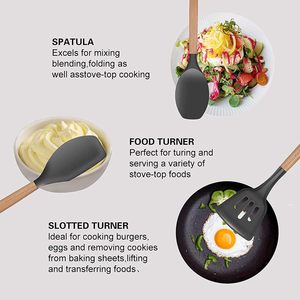 Ustensiles de cuisine, accessoires de cuisine, spatule résistante à la chaleur, ensemble d'ustensiles de cuisine en silicone avec manche en bois - Product Image 3