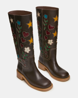 Nouvelles Bottes Hautes Femme 2026 Tendance Style Cowboy avec Patchwork Fleurs Colorées, Étoiles et Cœurs