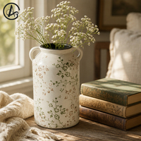Vase en céramique floral peint à la main ARM LVG avec doubles poignées, style rustique vintage Wabi-sabi, pot décoratif pour fleurs, jardinière en porcelaine