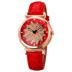 Good Fortune Women's Quartz Watch Red Leather Band Rose Gold Case Diamond Flower Dial Analog 30M Waterproof - Product Image 1