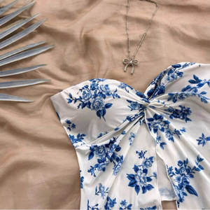 Casual Summer Women's Printed Vest Vacation Style <b>Crossed</b> Front Wrap <b>Top</b> with Strapless Off-Shoulder Blouse and Tube <b>Top</b> Design - Product Image 3