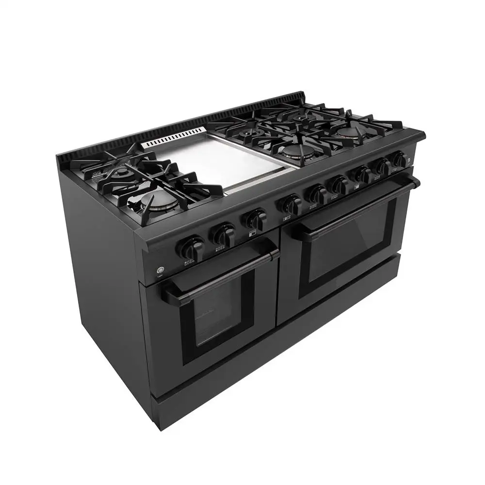 Cuisinière à gaz en acier inoxydable noir de 48 pouces, grilles de cuisson en fonte continue robuste, cuisinière à gaz avec 6 brûleurs et 2 fours