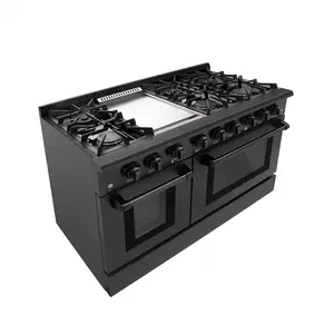 48inch Black Stainless Steel Gas Cooking Range Heavy Duty Continuous Cast Iron Cooking Grates Gas Range With 6 Burners 2 Ovens