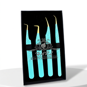 Ensemble de pinces professionnelles en acier inoxydable pour extensions de cils avec pointes lisses, prise en main parfaite, options bleu et or - Outils et fournitures pour cils - Product Image 1