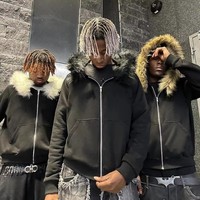 Fabricant de vêtements – Sweat à capuche court et ample pour homme, 400 g/m², en molleton 100 % coton, avec capuche amovible en fausse fourrure véritable, fermeture éclair