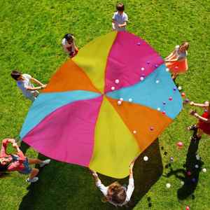Parachute de gymnastique arc-en-ciel de 6 pieds pour enfants, avec poignées, pour jeux d'équipe et coopératifs en salle et en extérieur - Product Image 4