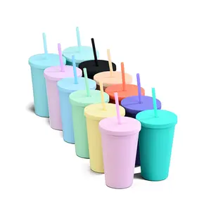 来样定做彩色双塑料吸管杯16OZ咖啡杯塑料磨砂咖啡杯酒杯