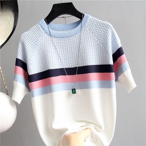 <span class=keywords><strong>Pull</strong></span> en maille de soie glacée à contraste de couleur, nouveau pour l'été, <span class=keywords><strong>pull</strong></span> pour femme, coupe ajustée, couleur contrastée, t-shirt à manches courtes - Product Image 2