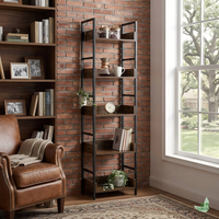 Estantería Alta con Marco de Metal Negro y Estantes de Madera, Estilo Industrial, Vertical, con Ganchos Laterales Múltiples para Colgar Artículos