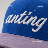 Casquette de baseball personnalisée en daim à visière plate, 6 panneaux, snapback brodé, bicolore bleu, réglable, pour le sport, vente en gros, OEM, faible MOQ