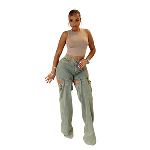 Pantalones <span class=keywords><strong>vaqueros</strong></span> de mezclilla recortados de cintura alta informales a la moda, Pantalones <span class=keywords><strong>vaqueros</strong></span> de pierna recta para <span class=keywords><strong>mujer</strong></span>, pantalones <span class=keywords><strong>vaqueros</strong></span> largos lavados a la moda para chica al por mayor - Product Image 2