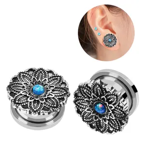 Opal Stone Ear Plugs Tunnels Stainless Steel Piercing Antique Bronze Flower Ear Expander Stretcher Body Jewelry