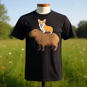 T-shirt Corgi Riding Capybara unisexe, taille adulte S M L XL XXL, design graphique amusant d'animaux, vêtements décontractés - Product Image 3