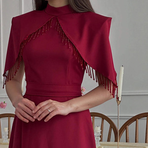 <span class=keywords><strong>Robe</strong></span> longue décontractée à manches chauve-souris, couleur unie, élégante, avec taille perlée, pour soirée, col montant, à franges, style <span class=keywords><strong>robe</strong></span> de soirée - Product Image 3