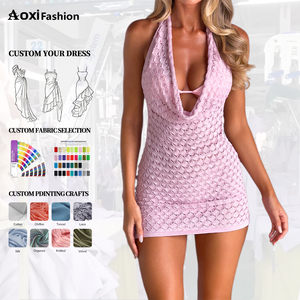 Elegante Abito Corto Estivo da Donna in Stile Francese, Scollo a V Senza Maniche, Halter, Tinta Unita con Pizzo a Costine, per Cocktail - Product Image 1